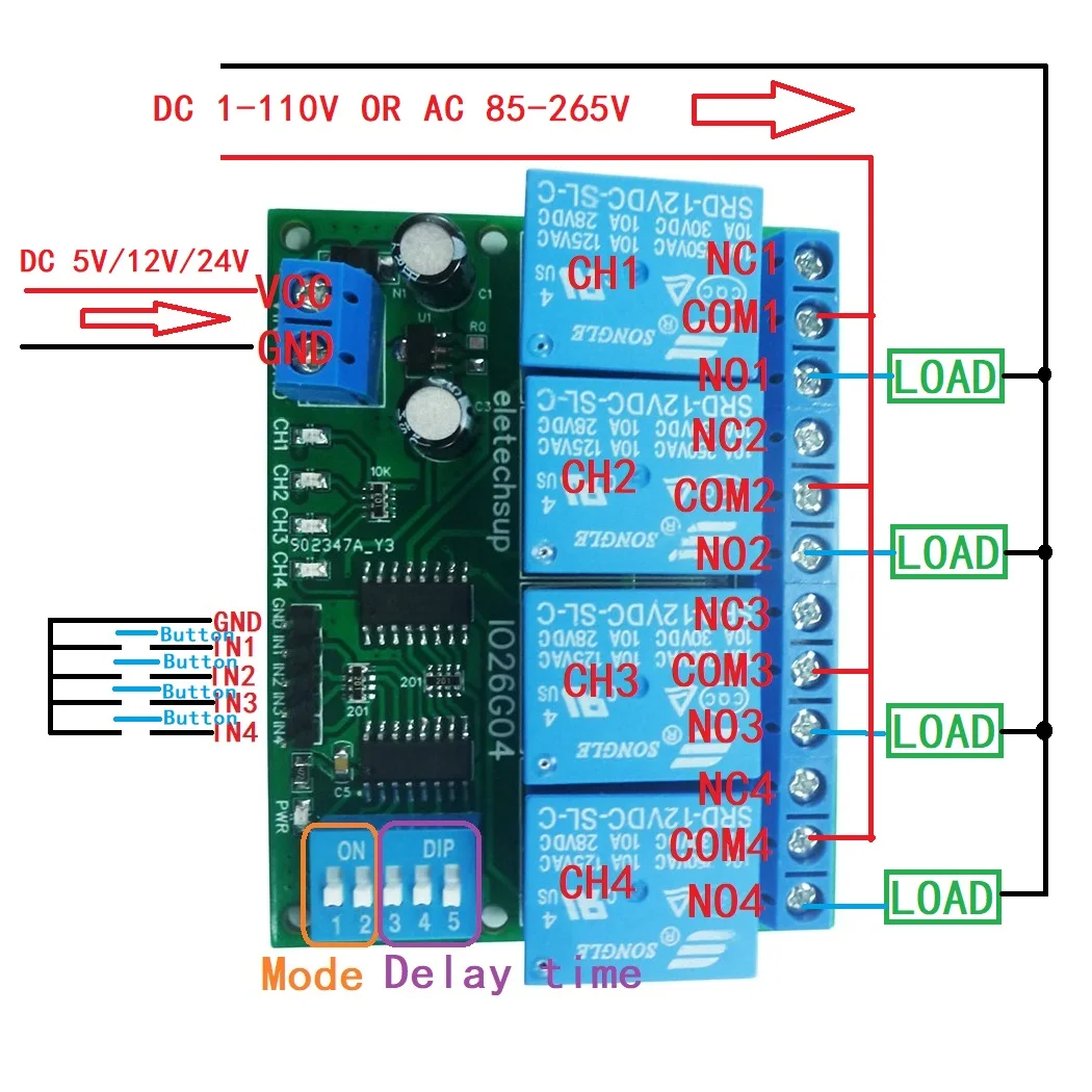 다기능 지연 릴레이 타임 스위치, PLC 모듈 전원 조절기 시퀀서, 켜기/끄기, 4ch DC 5V, 12V, 24V