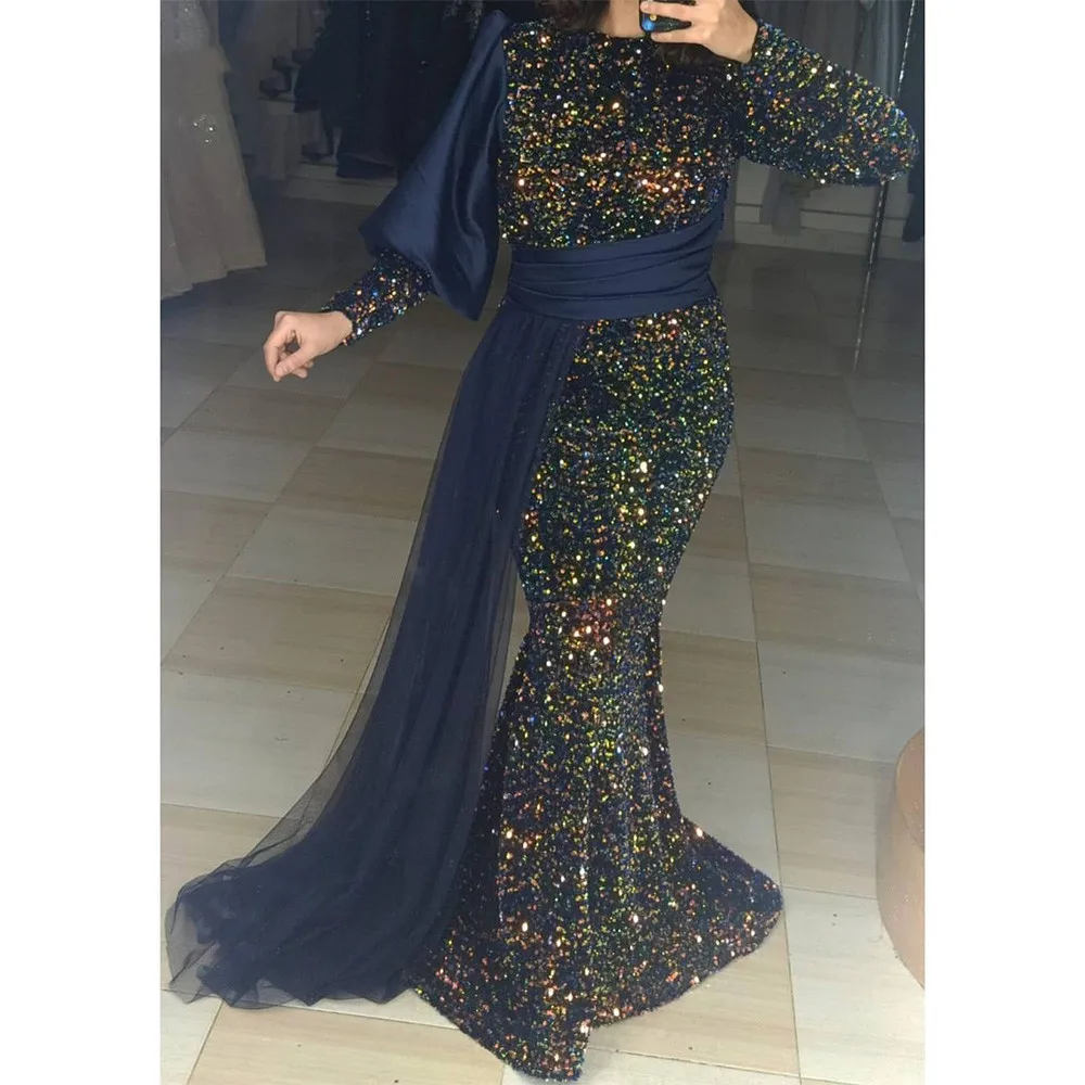 

Blingbling Muslim Mermaid Evening Dresses for Women O Neck Long Sleeves Sequins Elegant Prom Formal Robe De Soirée Femme Gowns
