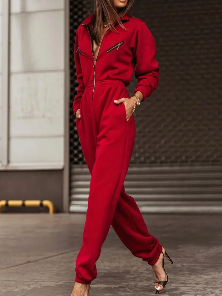 

Autumn Winter New Solid Color Fashion Zipper Long Sleeve Women's Jumpsuit Simple Slim Female Sports Casual Pocket Jumpsuit Pants