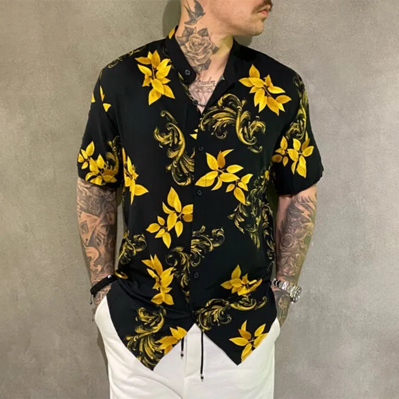 Summer New Print Loose Casual Y2K Shirt Man Short Sleeve All Match Hip Hop Blouse Male Vintage Nightclub Fashion Homme Clothes
