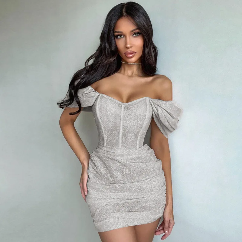 

Bright Silk Corset Mini Party Dress Women Sexy Off Shoulder Short Sleeve Ruched Sheer Mesh Bodycon Clubwear Birthday Outfits