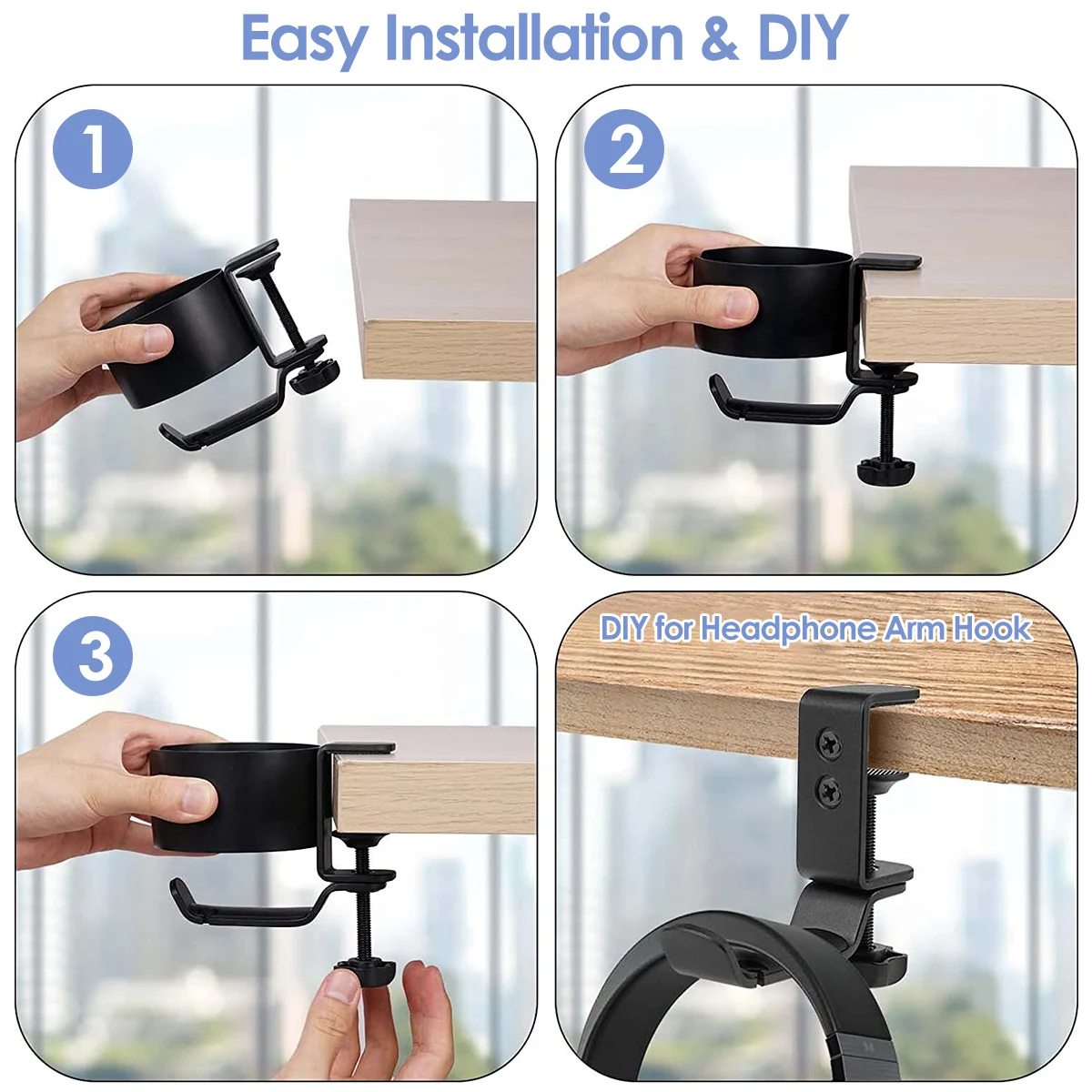 2 in 1 Desk Cup Holder 360 Rotation Adjustable Arm Clamp Headphone Hook Bottle Holder Table Side Drink Hanger for Desk Table Hot
