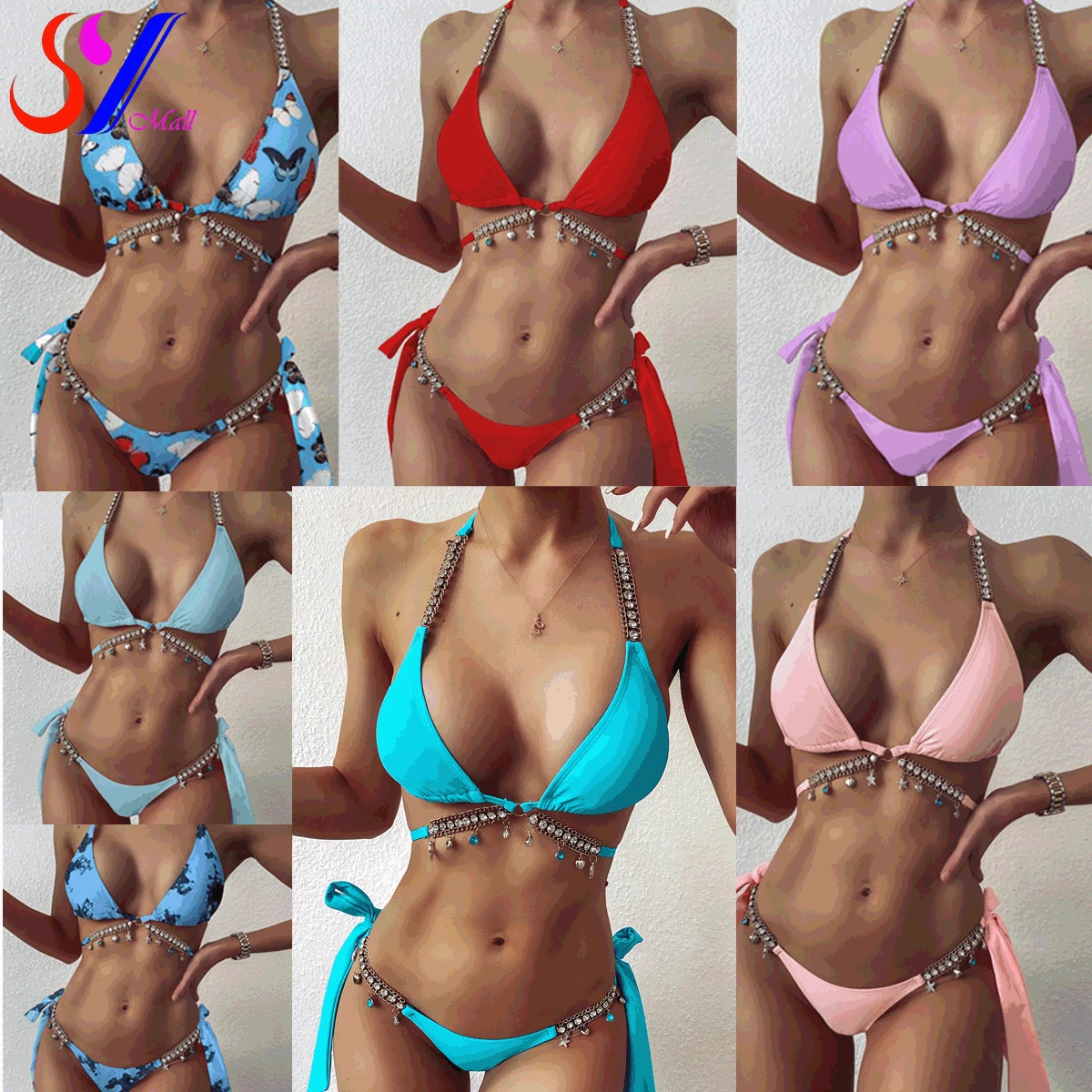 

Sexy Bikini Split Swimsuit Woman Crystal Diamond Hot Swimwear Pendant Spring Suit Tankini Swimsuits 2 Pieces Bathing Suits