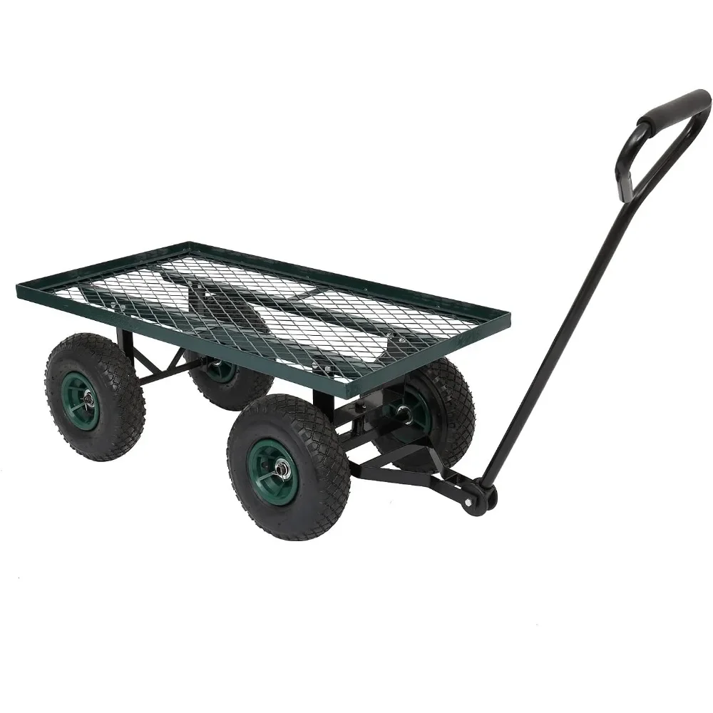Steel Garden Cart Utility Heavy Duty Wagon, 10-inch Pneumatic Turf Tires Green