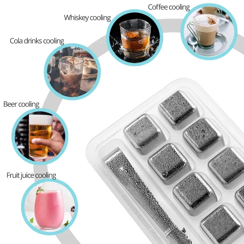 Stainless Steel Ice Cubes Set Reusable Chilling Stones Vodka Whiskey Wine Beer Cooling Rock Party Bar Tool 4/6Pcs