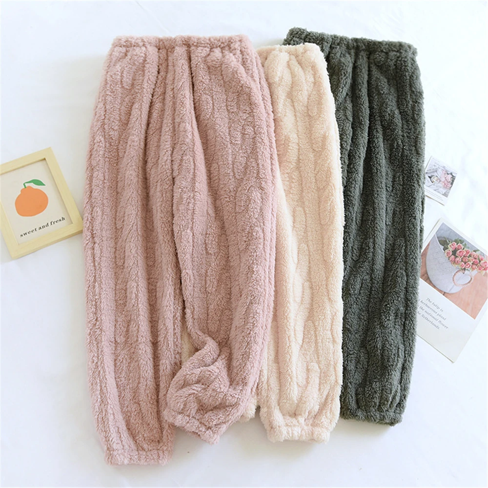 

New Sleep Bottom Pants Women Winter Full Length Pajama Pants Flannel Casual Soft Warm Daily Homewear Plus Velvet Loose Sleepwear