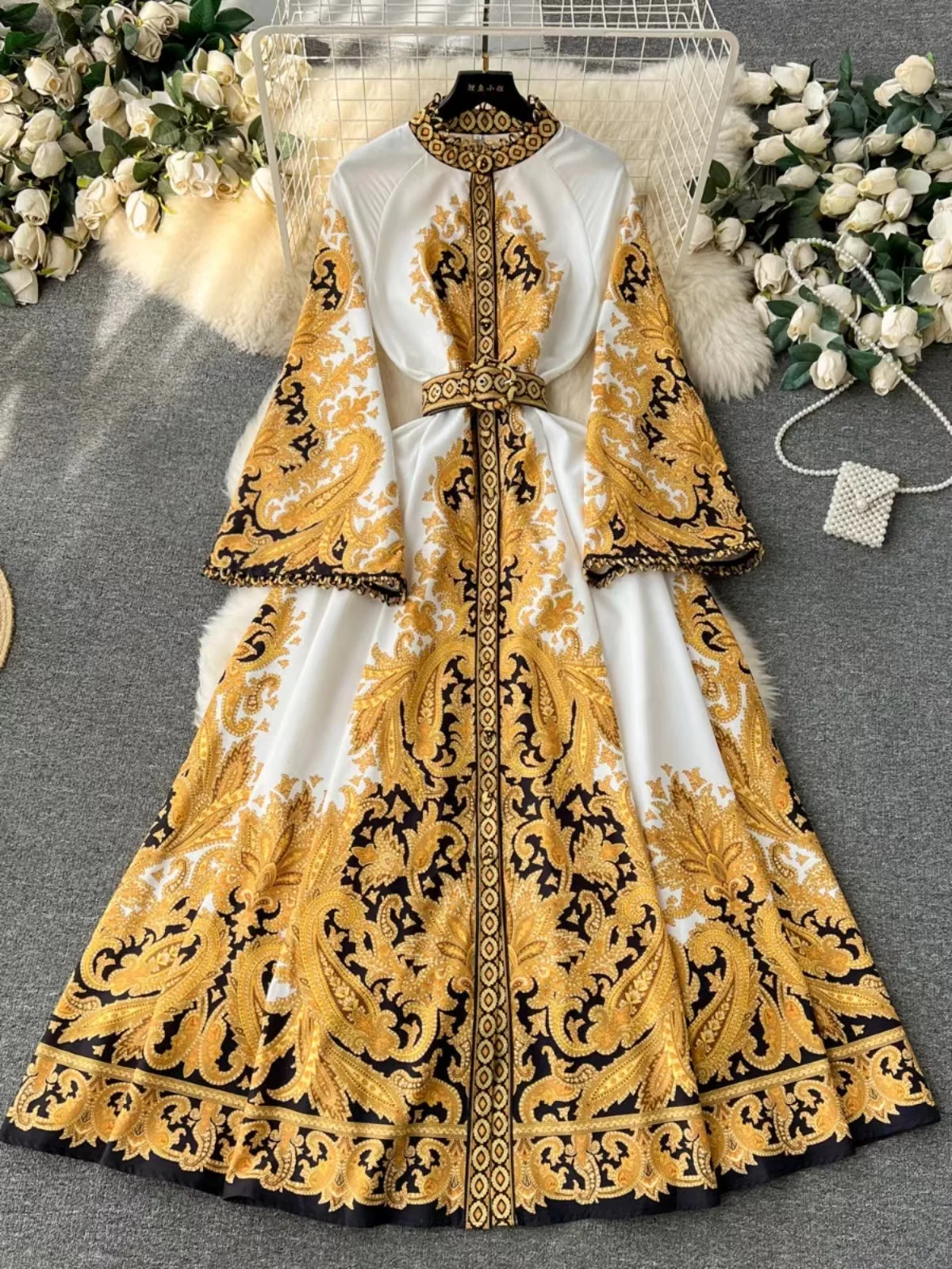 

French Vintage Palace Style A-Line Skirt Desgin Print Slim Fit Long Flace Sleeves Temperament Chiffon Dress For Spring Women