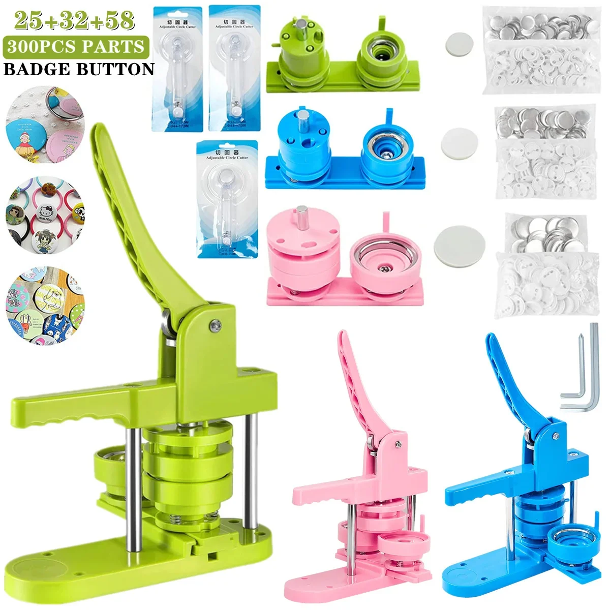 25+32+58MM Badge Button Maker Machine Kit with 300Pcs Button Parts+Circle Cutter+3 Mold, DIY Pin Badges Set Button Press Machine