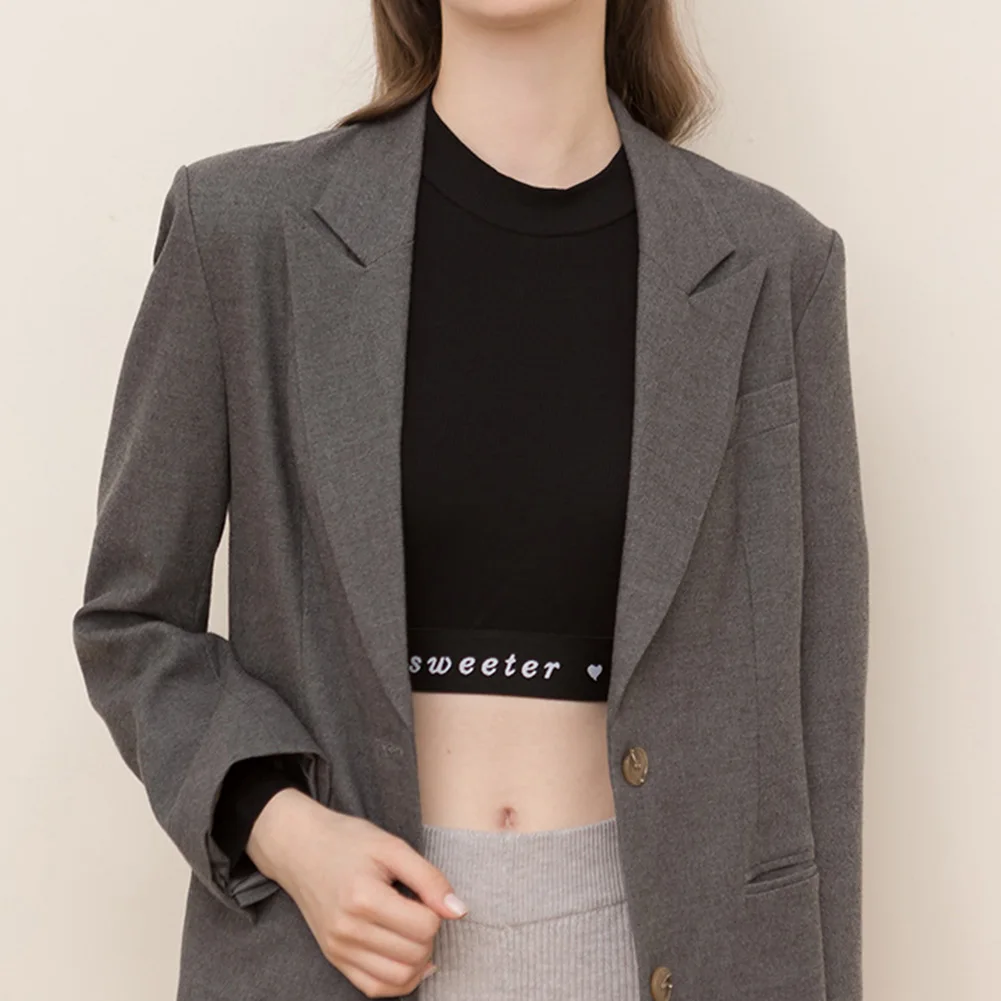 

Top Shirt Crop Top Cropped Bottom Slightly Elastic Slim Long-sleeved Small Turtleneck Threaded Print Bottom Comfy