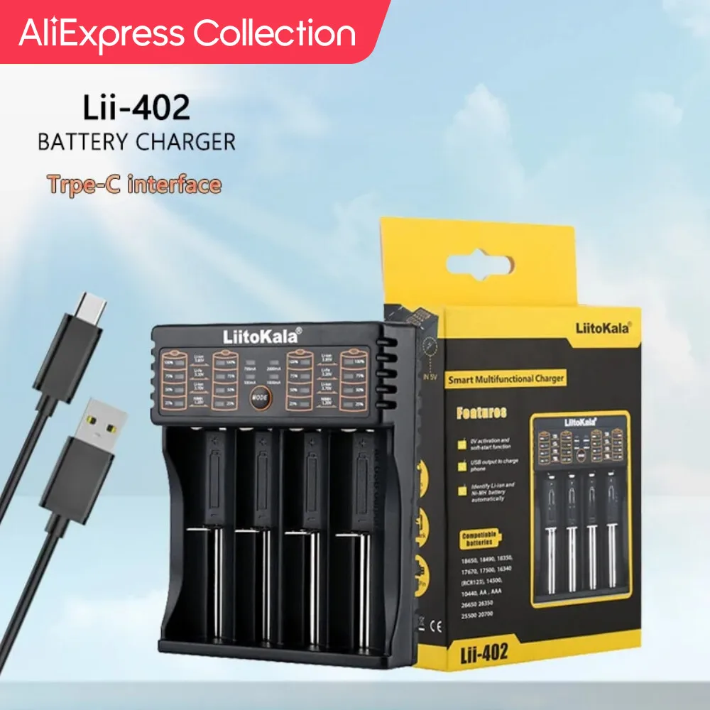  AliExpress Collection Liitokala Lii-402 18650 3.7V 3.2V 3.85V 26650 20700 14500 21700 25500 16340 1.2V NiMH Lithium Rechargeable 