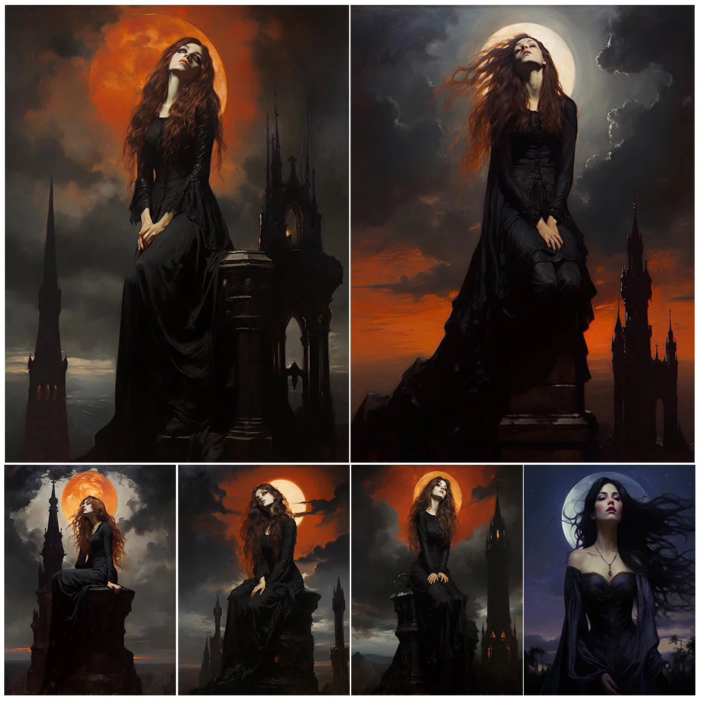 

Goddess Of Night,Vintage Wall Art Canvas Painting Full Moon And Silent Night Gothic Art Poster And Print For Living Room Decor