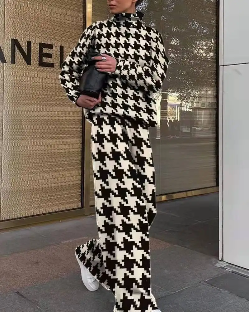 Women Loungewear Sets Winter Nighty 2 Pieces Geometic Fashion Going Out Airport Knit Warm Stand Collar Long Sleeve Sweater Pant