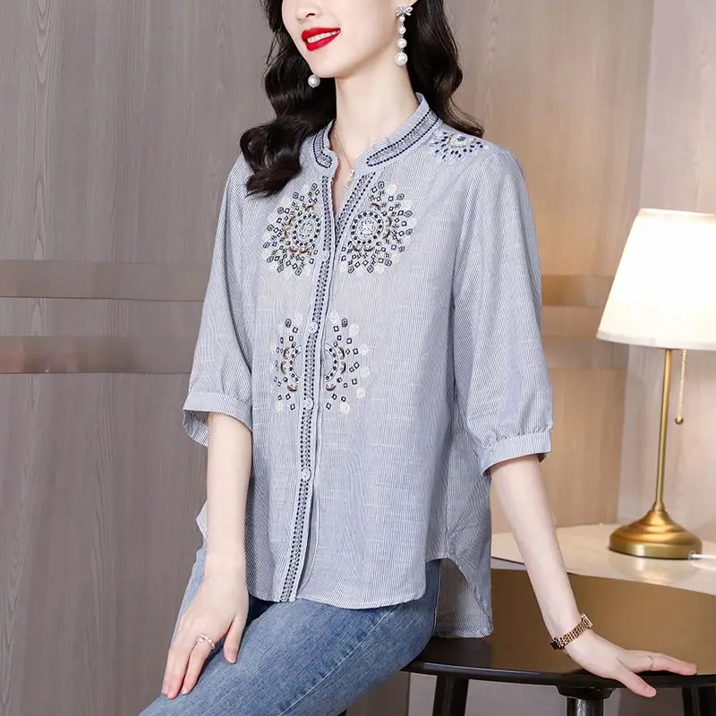 

Chic Embroidery Striped Simple Casual Loose Shirts for Women Elegant Fashion Vintage Half Sleeve Ladies Tops Blouses Clothes2023