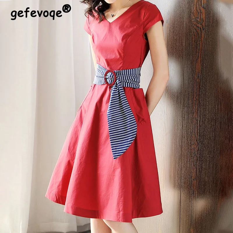 OfficeLadySolidBeltPatchworkZipperDressesSpringSummer2023New