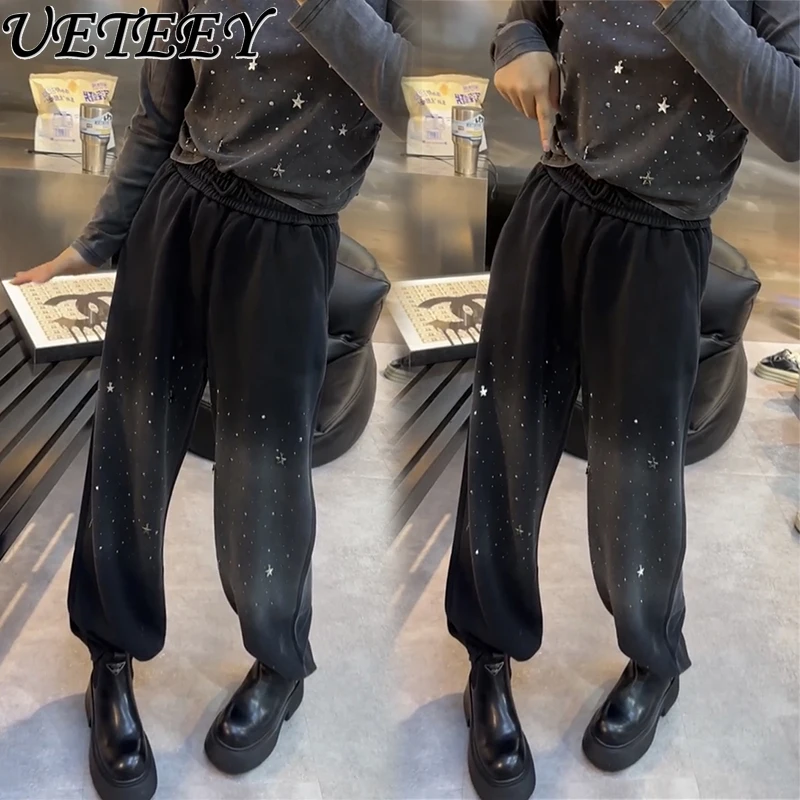 

Hot Drilling Gradient Color Wide-Leg Trousers Women Fleece Thick Loose Slimming Elastic Waist Casual Pants New Winter Pantalones