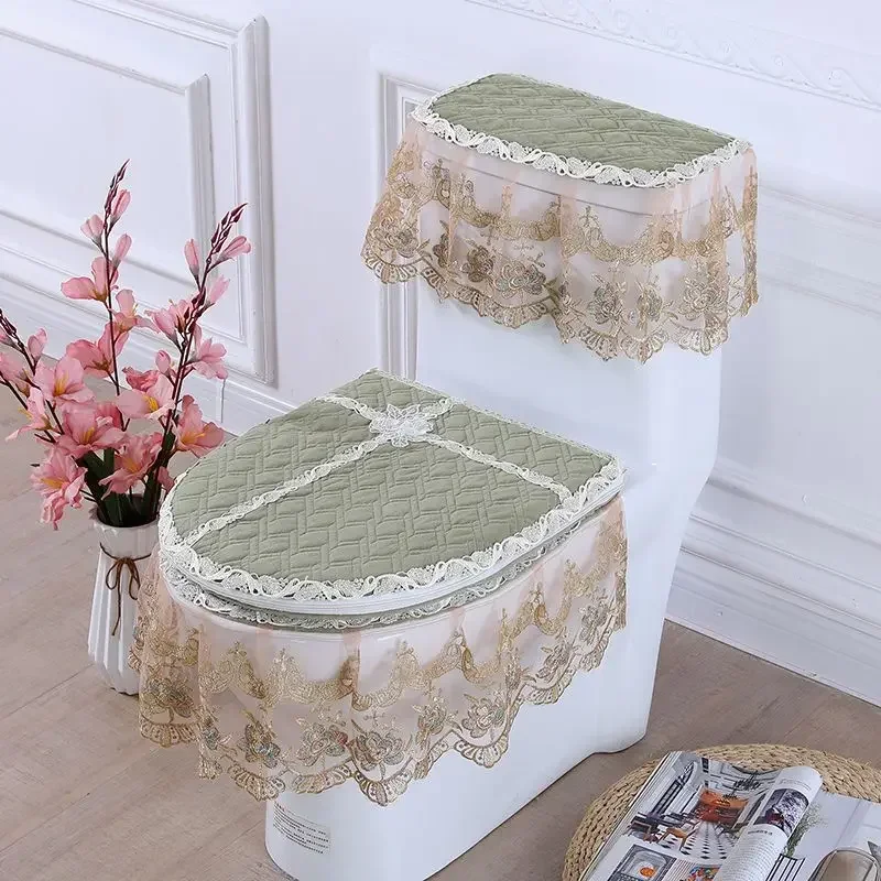 Four Season Household Toilet Dust Cover Embroidered Fabric Toilet Three Piece Set U-shaped Zipper Double-sided Lace Seat