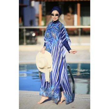 Women Muslim Swimwears Long Sleeves Sport swimming Togs Printed Stretch Full Cover Hijab 4pcs lslamic