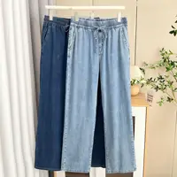 Summer 100KG Plus Size Thin Wide Leg Jeans Casual Premium Drawstring Elastic Waist Lyocell Denim Straight Pants For Women 9365 - Image 2