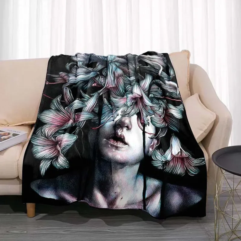 

Flannel Throw Blanket Lightweight Super Soft Bed Living Room Sofa Adults Gifts Dark Wind Butterfly Flower Woman Skeleton Pattern