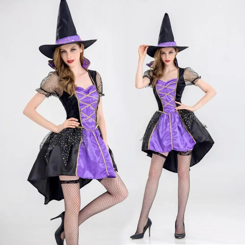 

Halloween Witch Costume For Women Adult Sexy Purple Swallowtail Braces Dress Hat Carnival Party Female Suit