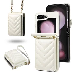 Luxury V - Shaped Quilted Leather Crossbody Phone Bag with Card Holder and Adjustable Strap - Galaxy Z Flip5 (White)