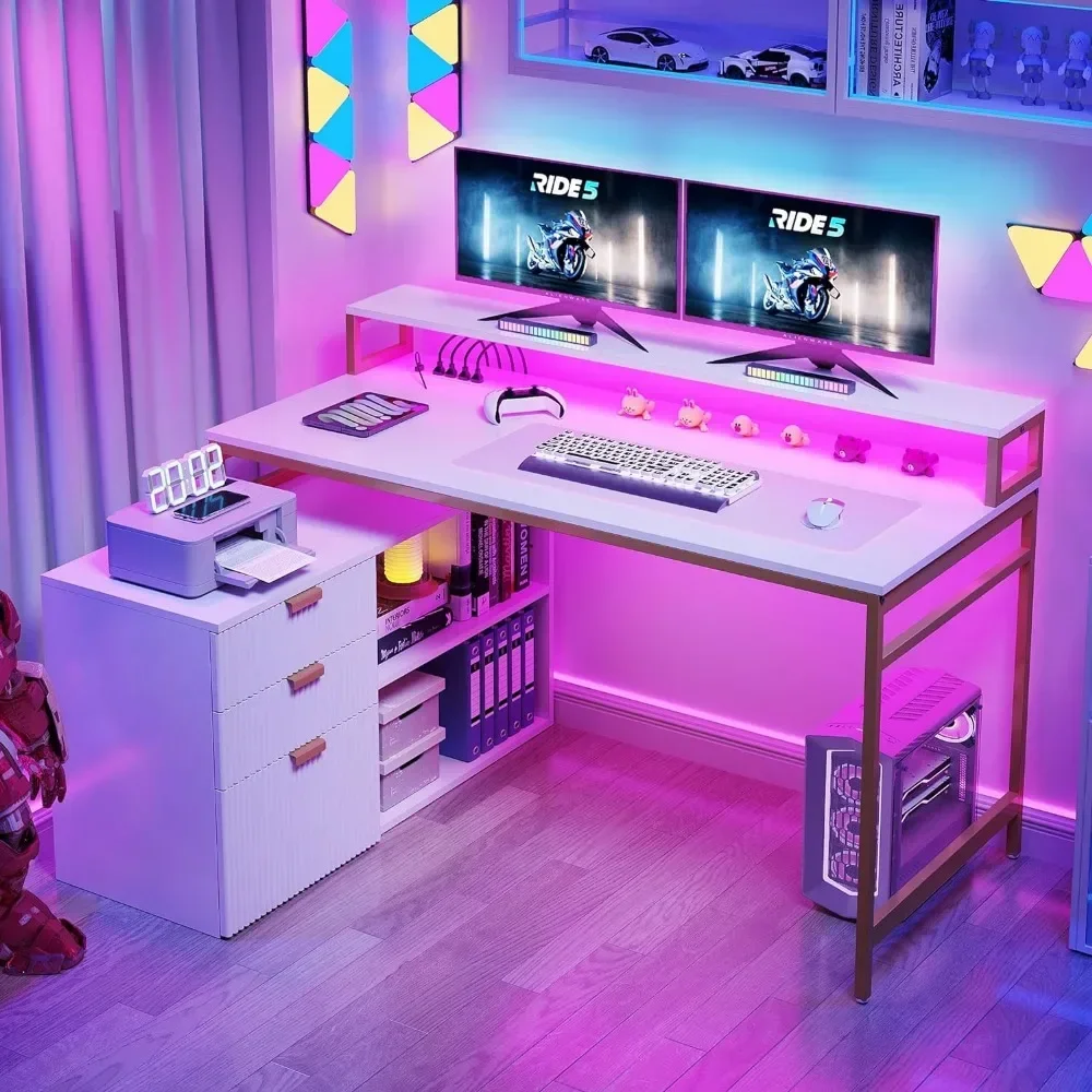 Computer Desks, with File Cabinet & Power Outlets, 55" Computer Desk with Drawers, Corner Desk Office Desk with LED Light 3