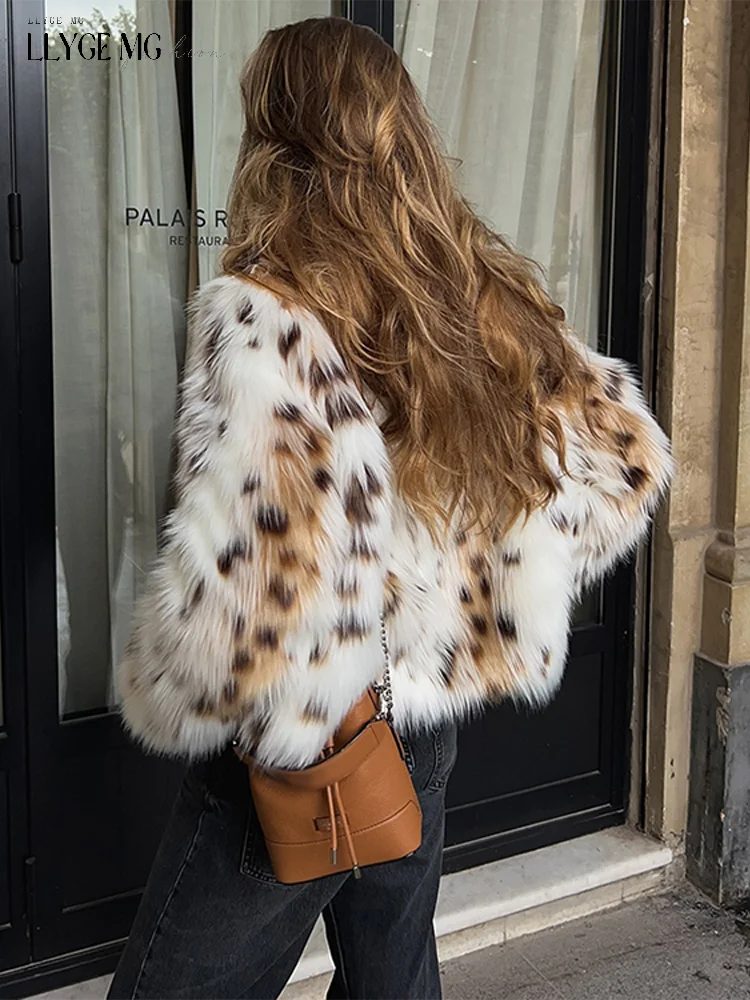 Leopard Faux Fur Coat Women Short Autumn Winter Plush Stand Collar Panelled Jacket Female Warm Stylish Outerwears Lady Casual 3