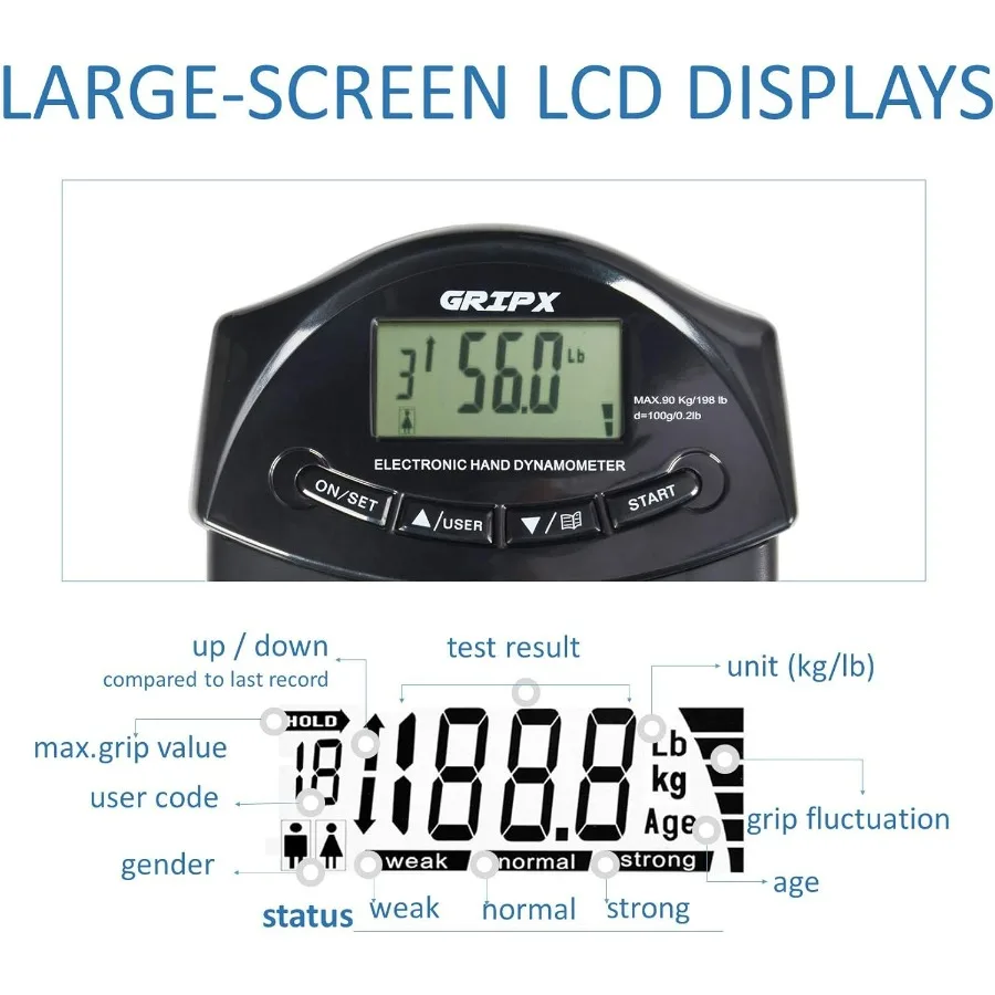 Digital Hand Dynamometer Grip Strength Measurement Meter Auto Capturing Electronic Hand Grip Power 198Lbs / 90Kgs