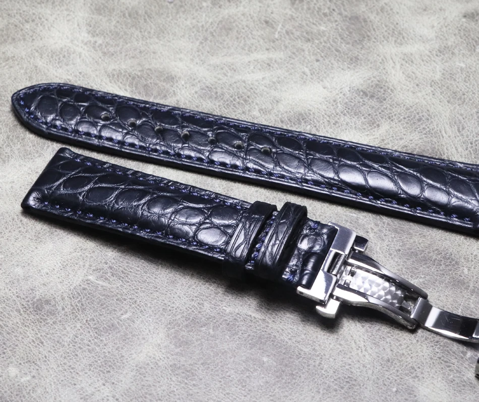 

New Watch band dark blue 20mm 21mm 22mm crocodile leather butterfly buckle strap calfskin bottom bracelet vintage wristband