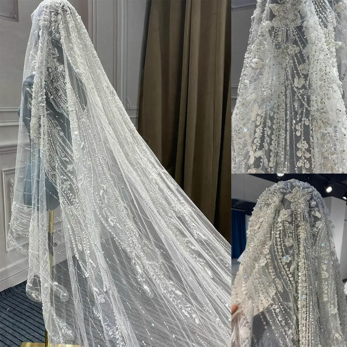 Bridal Veil Luxury Elegant Wedding Veils One Layer Tulle Appliques Lace Tulle Sequins Bridal Veil Cut Edge Customized Length Veils