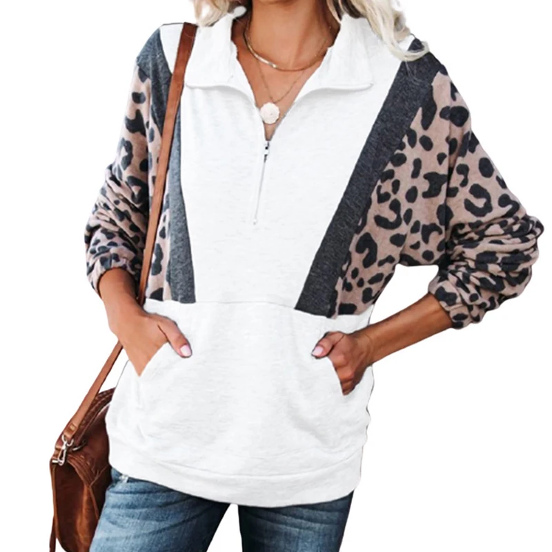 

Autumn Women Turndown Collar Long Sleeve Sweatshirt Fashionable All-Match Leopard Printing Splicing Top Ladies Clothes