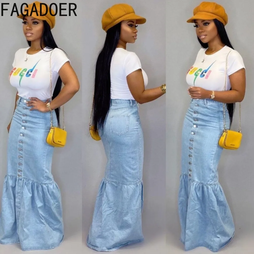 women ripped shredded distressed high waisted straight jeans s blue FAGADOER Blue Fashion Button Mermaid Denim Skirts Women High Waisted Skinny Floor Skirts Casual Female Solid Cowboy Streetwear