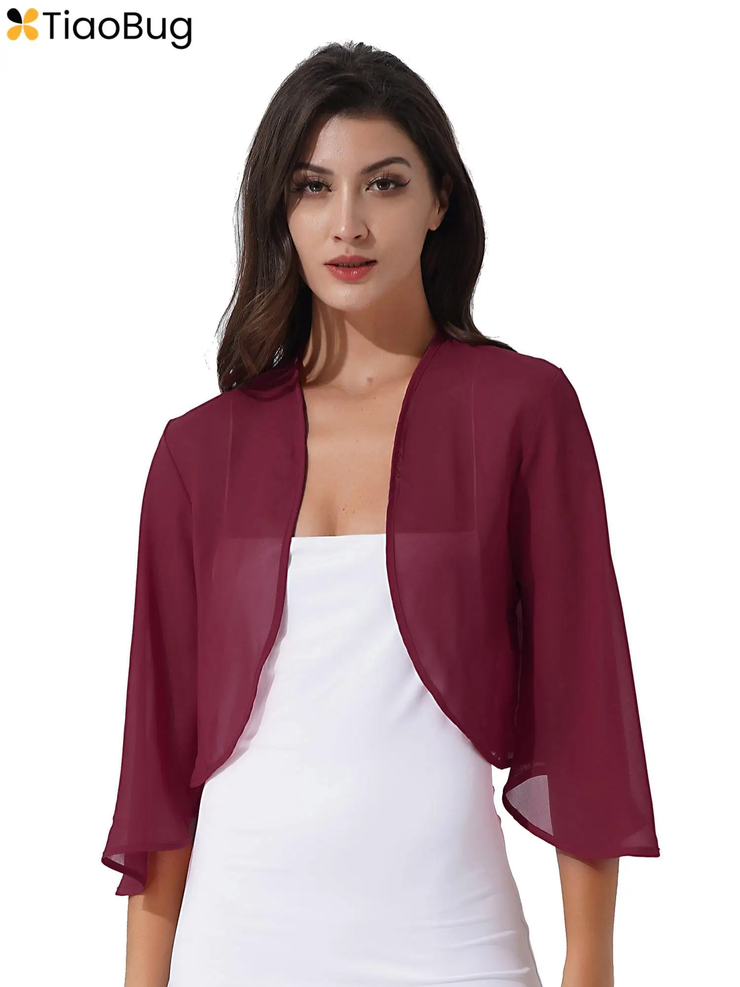 Womens 3/4 Sleeve Chiffon Cardigan Bolero Elegant Jacket Wraps Shawls Shrug Summer Wedding Bridal Evening Party Dress Cover Up janevini summer chiffon bridal shawls lace beaded wedding cape boleros tassel elegant bride wraps stoles stola chalas mujer chal