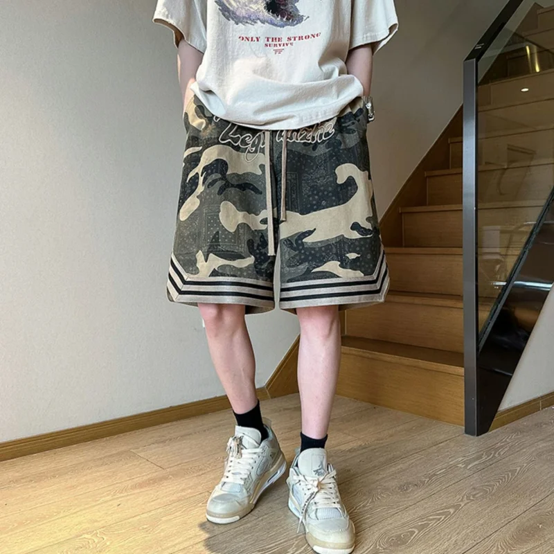 Embroidered Camouflage Trendy Hip-hop Casual Shorts for Men's Summer Loose Fitting Men's Capris Drawstring Short for Men