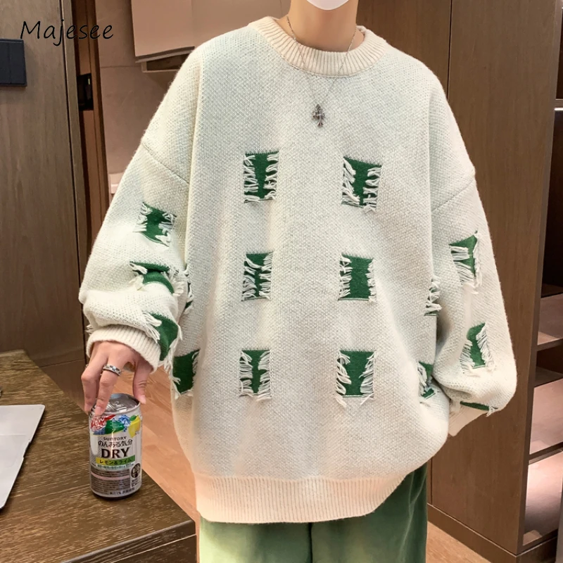 남성용 루즈한 뜨게 풀오버, 캐주얼 데일리, 따뜻한 O넥, 닳은 십대, 일본 스타일, 커플 패션, 하이 스트리트, 가을, 겨울