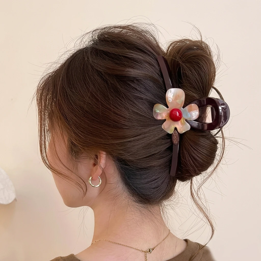 Autumn/winter Wool-blend Color-block Double Bow Hair Clip Large Shark Clip For The Back Of The Head New Stylish Hair Accessory