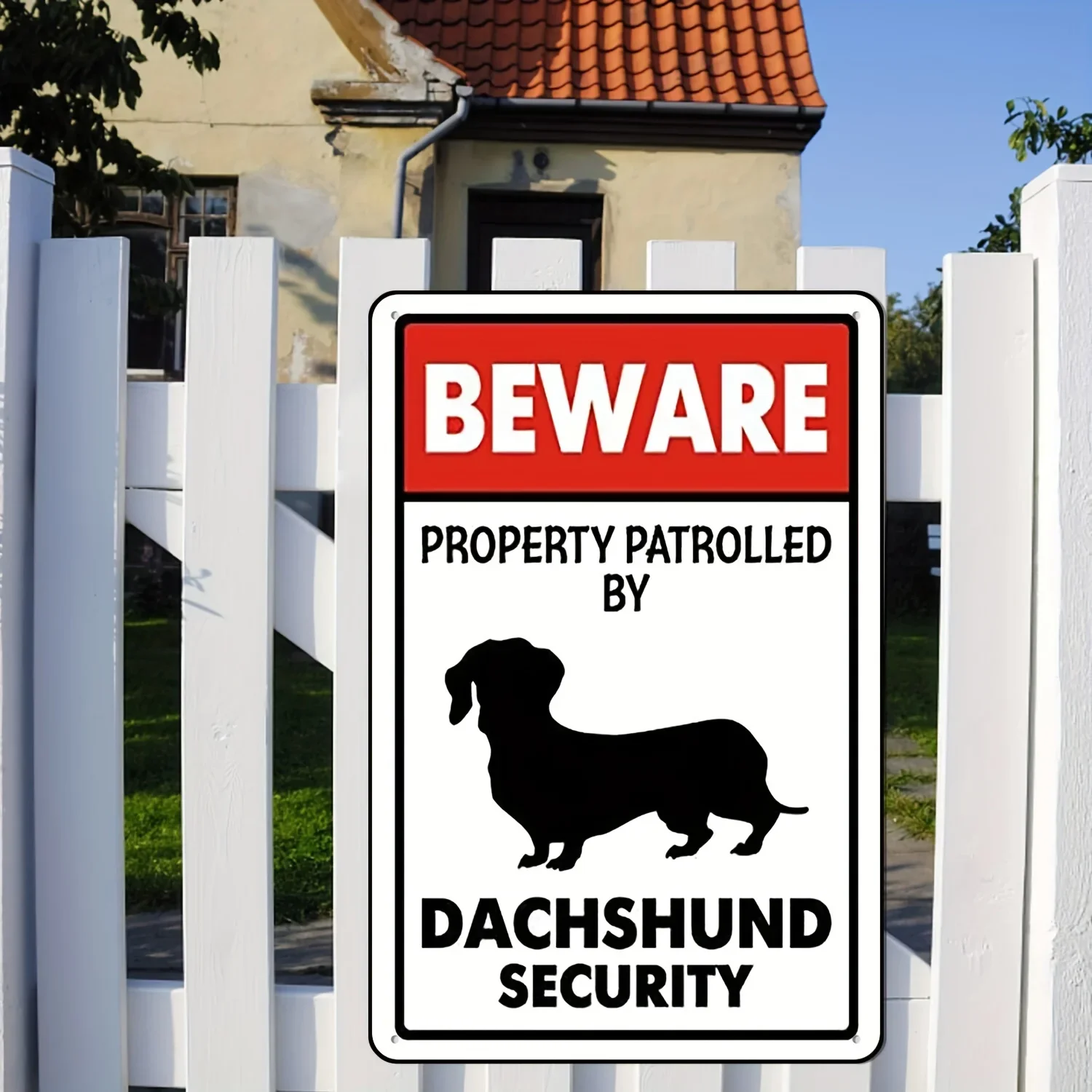 Dachshund beware sign displayed on home entry door