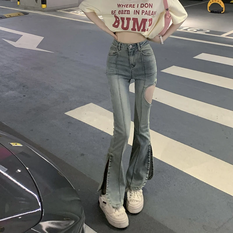 Hollowed Heart Shape Korean Fashion Girls Jeans Flare Hem Vintage Wash Fashion Lady Denim Pants