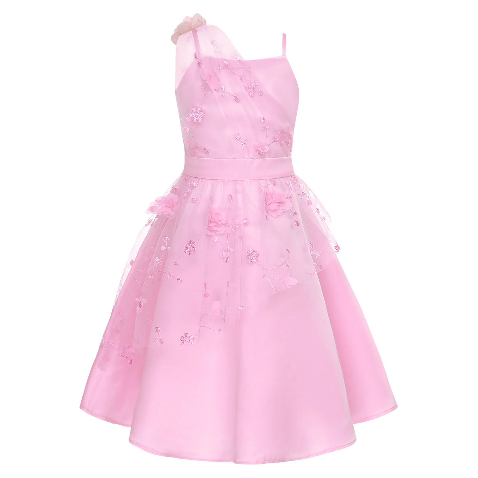 Kinder Blumenmädchen Blumen besticktes Tüllkleid Spaghettiträger hohe Taille Kleider formelle Hochzeit Geburtstag Party Abendkleid – Detail 25
