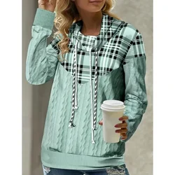 Women's Spring and Autumn Shirt Casual Loose Sweatshirts High-neck Plaid Long-sleeved Hooded Top Fashion Hoodies Women Pullover