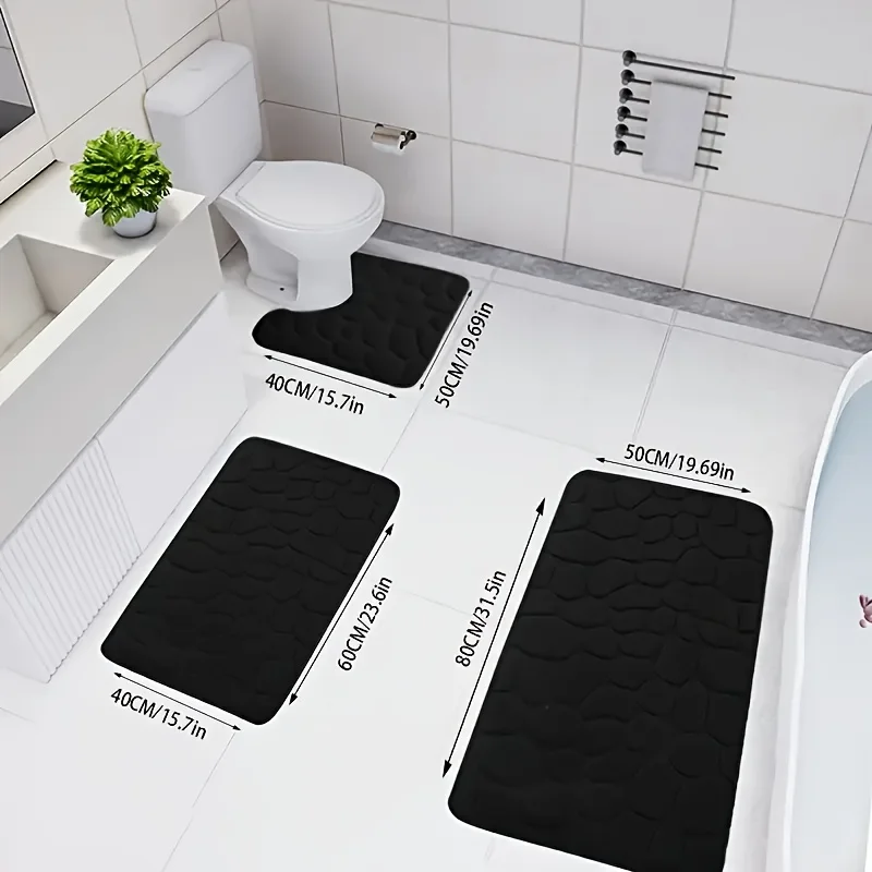 3-Piece Embossed Quick-Dry Bath Mat Set, Non-Slip Soft Memory Foam Bathroom Carpet, Polyester Anti-Fatigue Bath Rug for Floor