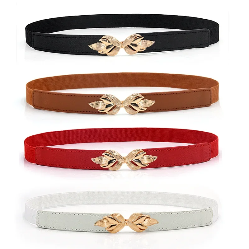 Fashion Leaf Thin Belt Stretch Dress Belt Women Fashion Waist Thin Buckle Waistband for Ladies Belt Decoration Narrow