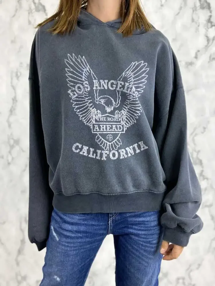 

Superchic washed vintage black sweatshirt hoodie for women long sleeve graphic print jersey sweatshirt autumn winter clothing