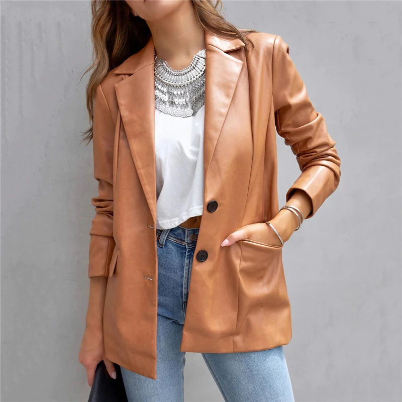 2023 Autumn Women Vintage PU Leather Long Sleeve Elegant Fashion Blazers Female Korean Casual Streetwear Solid Tunic Suit Coats