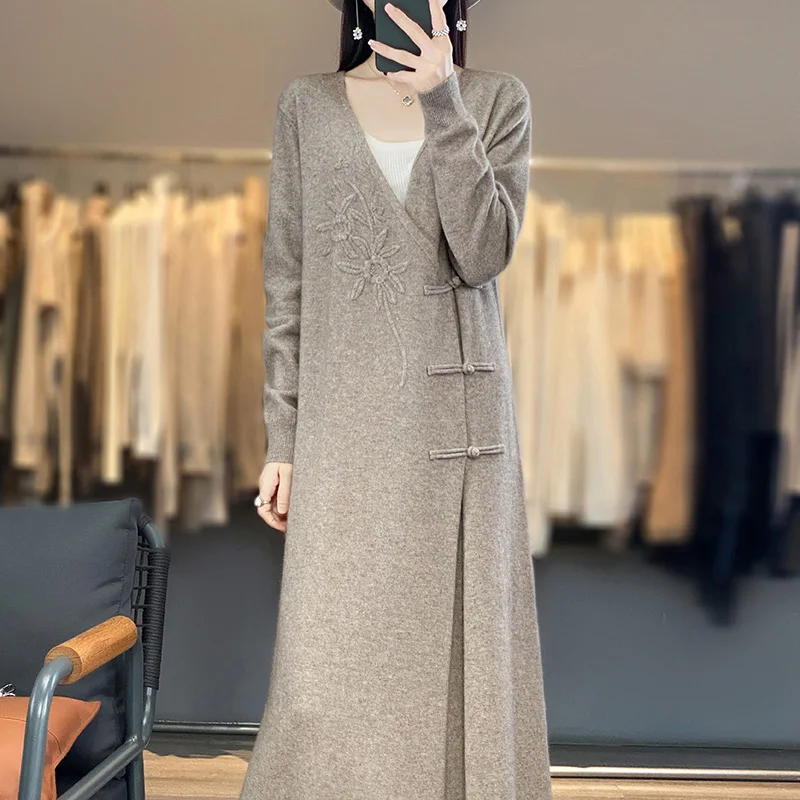 

Chinese Style Dresses 100% Cashmere and Wool Knit V-neck Jumpers 2023 New Fashion Winter Lady Pullovers NJ01