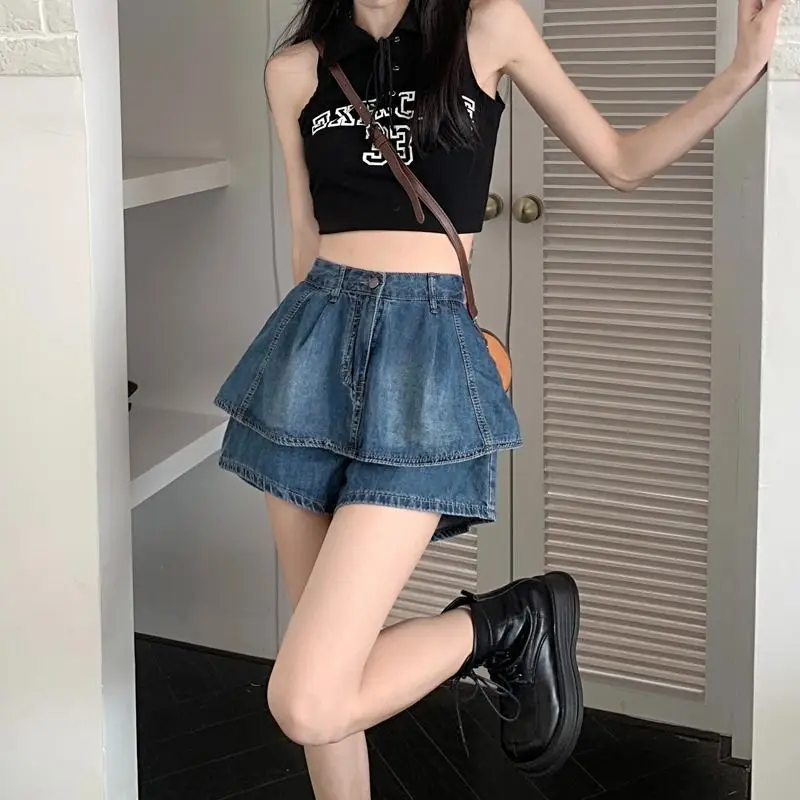 Fashion Zipper Button Spliced Ruffle Denim Shorts Female Clothing 2024 Summer New Loose All-match High Waist Casual Shorts