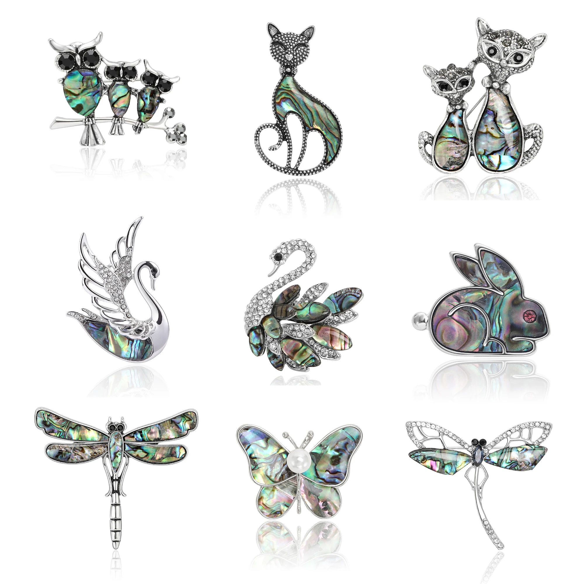 Beaut&Berry Vintage Abalone Shell Cat Brooches for Women Unisex Dragonfly Butterfly Swan Pins Casual Accessories Gifts