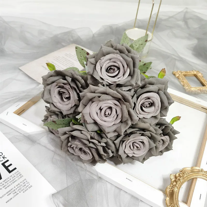 Simulated 9 Diamond Roses Flowers Arrangement Wedding Corner Rose Autumn Retro White Colorful Artificial Flowers Home Decor