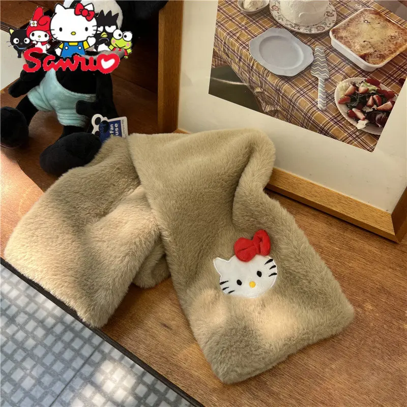 Sanrio Hello Kitty Plush Scarf Cartoon Bow Women's Student Rabbit Thickened Fur Soft Doll Scarf Kids Gift Keep Warm Accessories winter velvet soft scarf women keep warm functional pocket storage ring scarives cachecol feminino rz