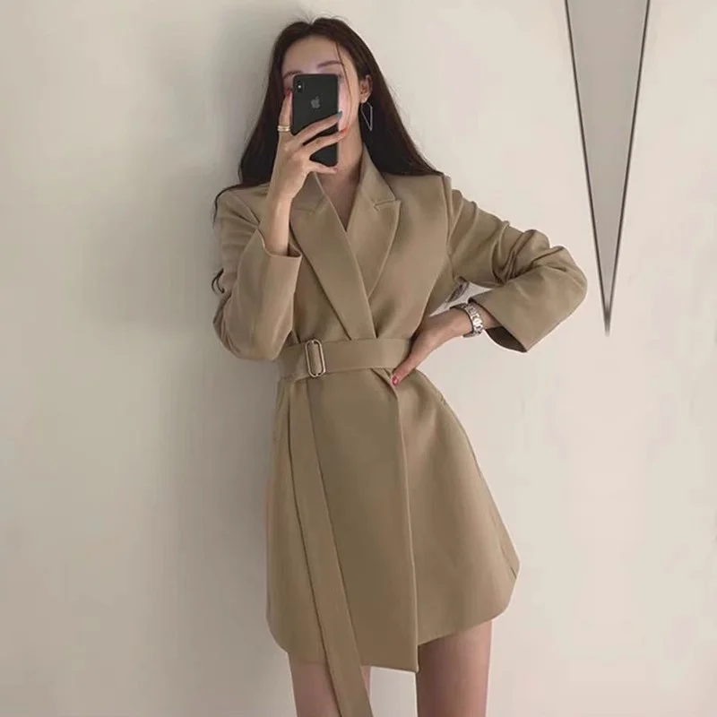 White Windbreaker With Belt Suit Jacket 2025 New Autumn Size XXL Women's Clothing Fat Sister Thin Long Blazer Khaki Blaer W10